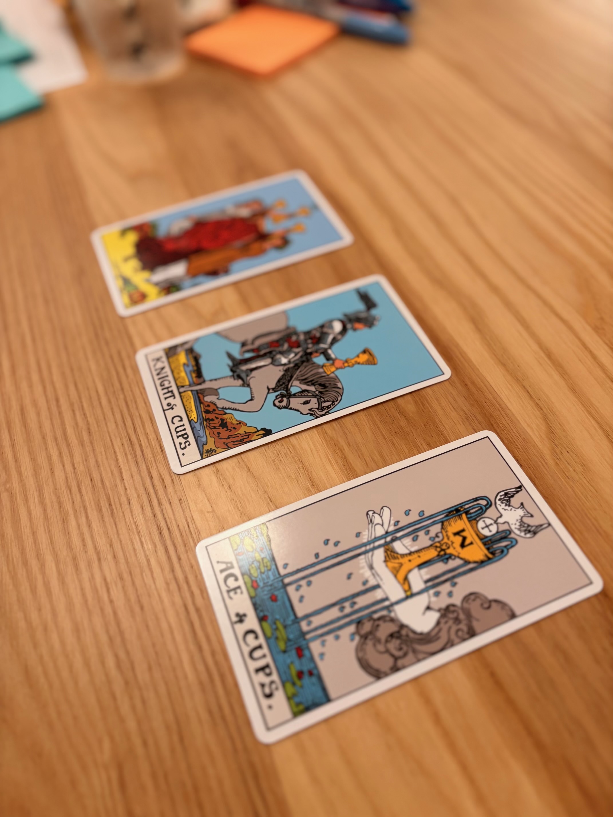 A tarot spread being discussed by the group